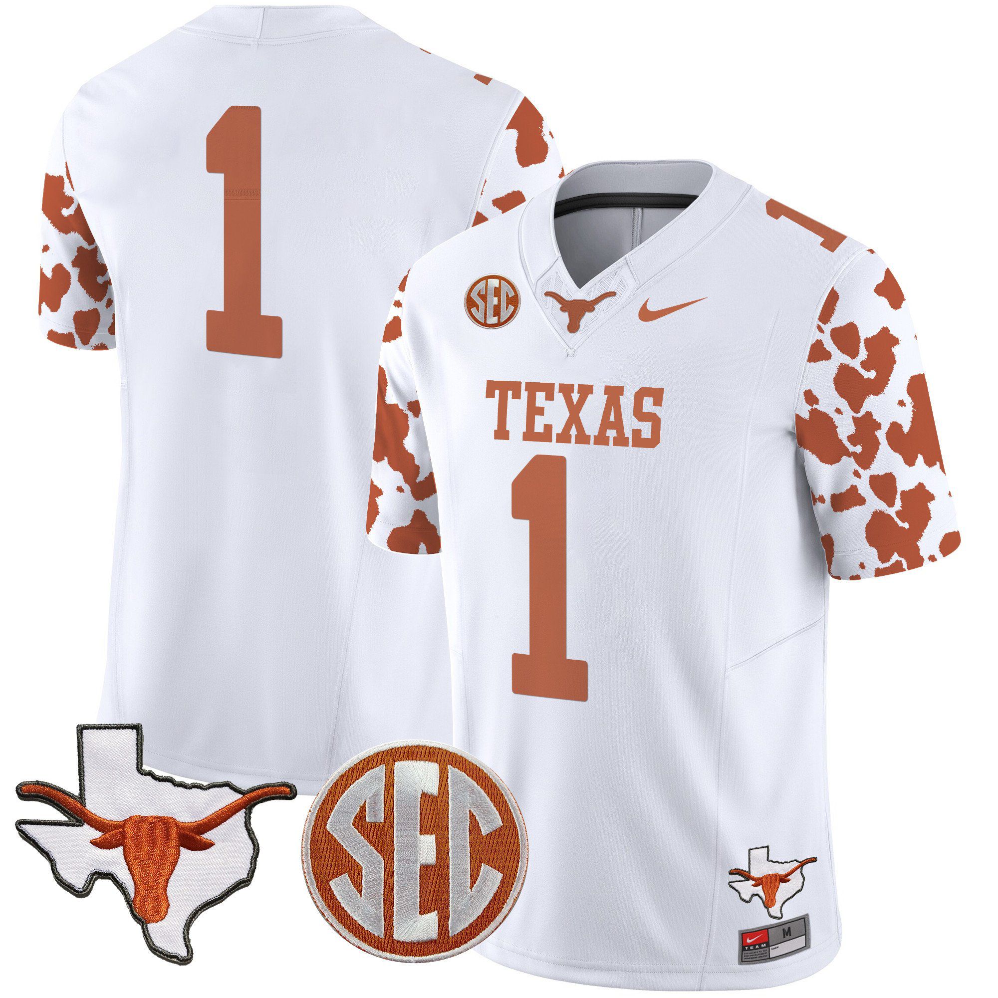 Men Texas Longhorns #1 No Name White 2024 Nike Cow Spots Vapor Limited NCAA Jersey